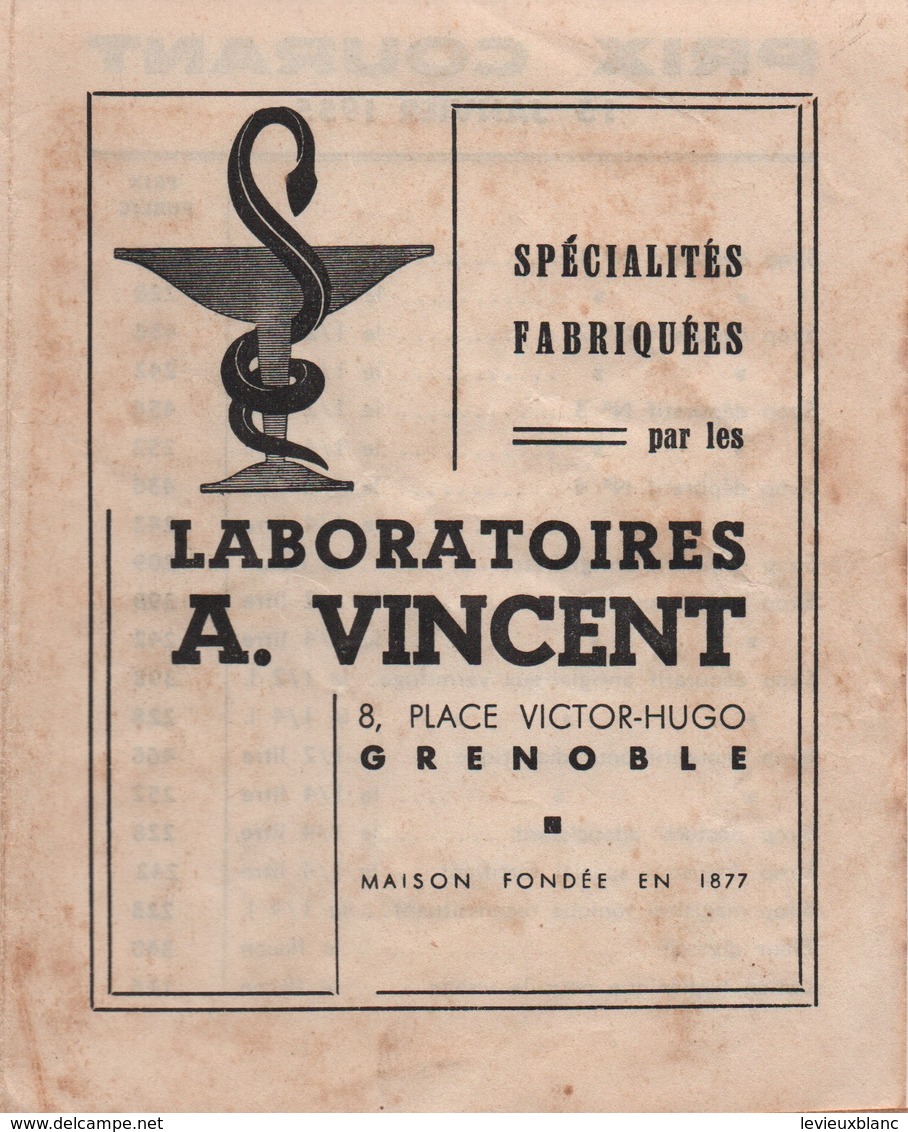 Santé -Hygiène/Pharmacie/Laboratoires A VINCENT / Spécialités Fabriquées/Tarifs /GRENOBLE/  1955         PARF163 - Otros & Sin Clasificación