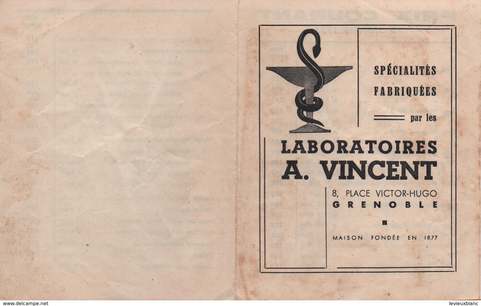 Santé -Hygiène/Pharmacie/Laboratoires A VINCENT / Spécialités Fabriquées/Tarifs /GRENOBLE/  1955         PARF163 - Other & Unclassified