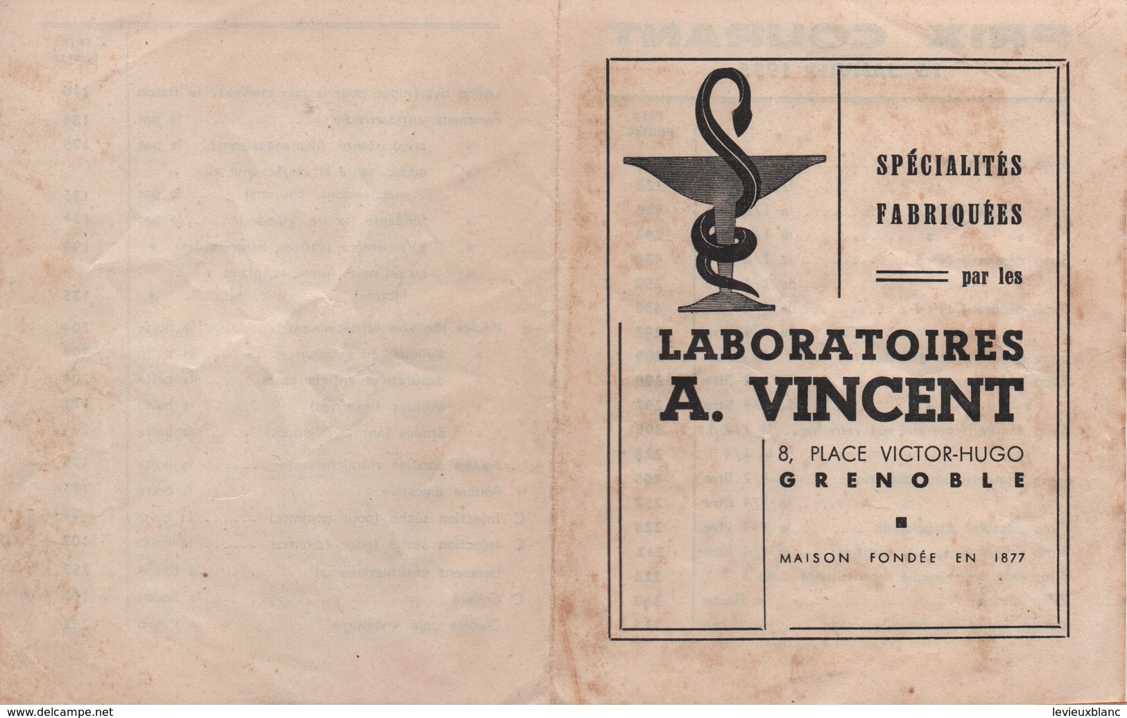 Santé -Hygiène/Pharmacie/Laboratoires A VINCENT / Spécialités Fabriquées/Tarifs /GRENOBLE/  1955         PARF163 - Autres & Non Classés