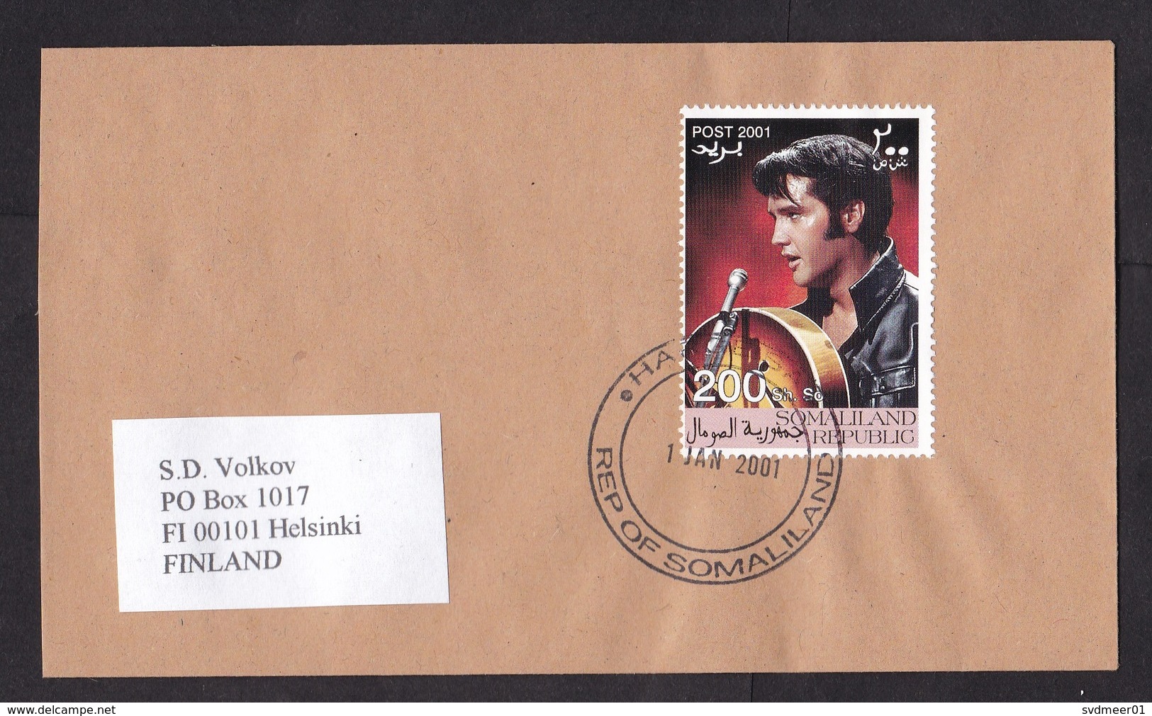 Somalia: Cover Hargeisa To Finland, 2001, 1 Stamp, Elvis Presley, Pop Music, Rare Real Use (traces Of Use) - Somalië (1960-...)