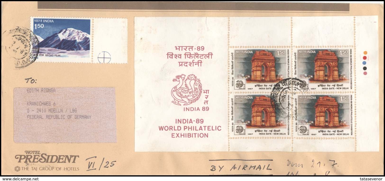 INDIA Postal History Letter Brief IN 033 Air Mail 1989 World Philatelic Exhibition - Lettres & Documents