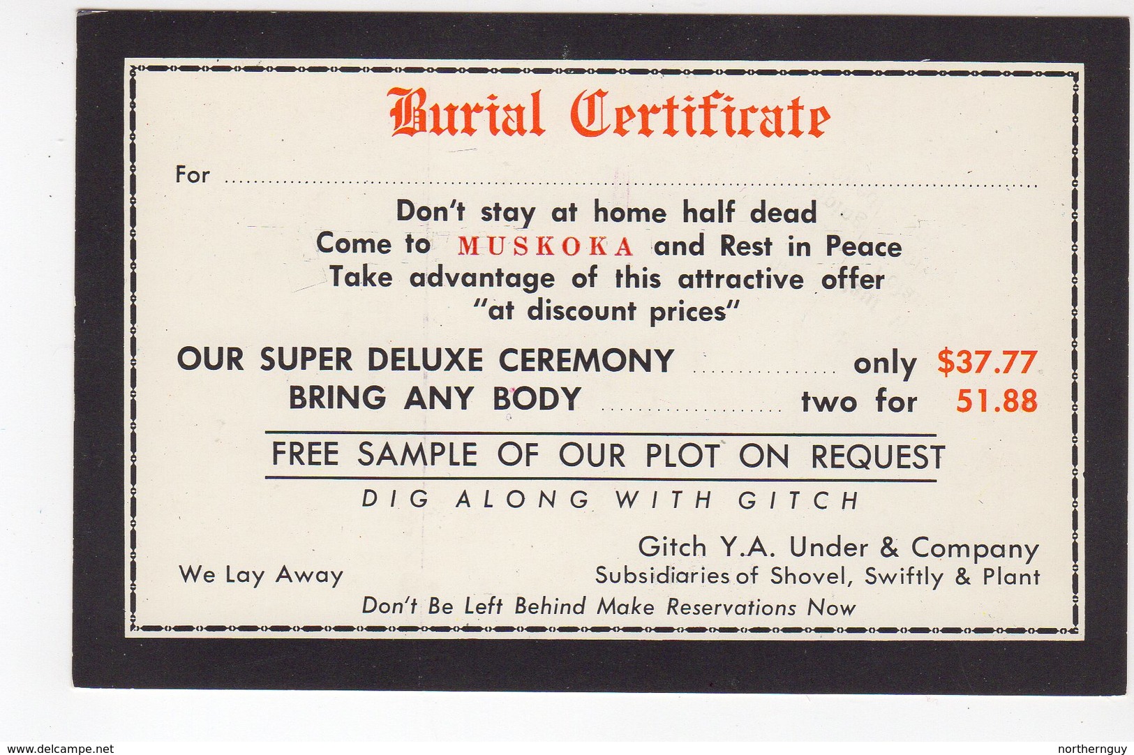 MUSKOKA, Ontario, Canada, Burial Certificate, Comedy, Old Chrome Postcard - Muskoka