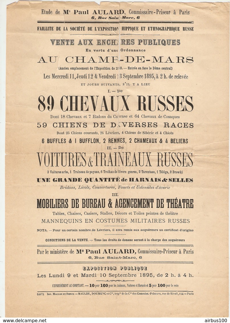 AFFICHE 1895 CHAMPS DE MARS PARIS - VENTE AUX ENCHERES CHEVAUX TRAINEAUX RUSSES - Me PAUL AULARD - Equitation