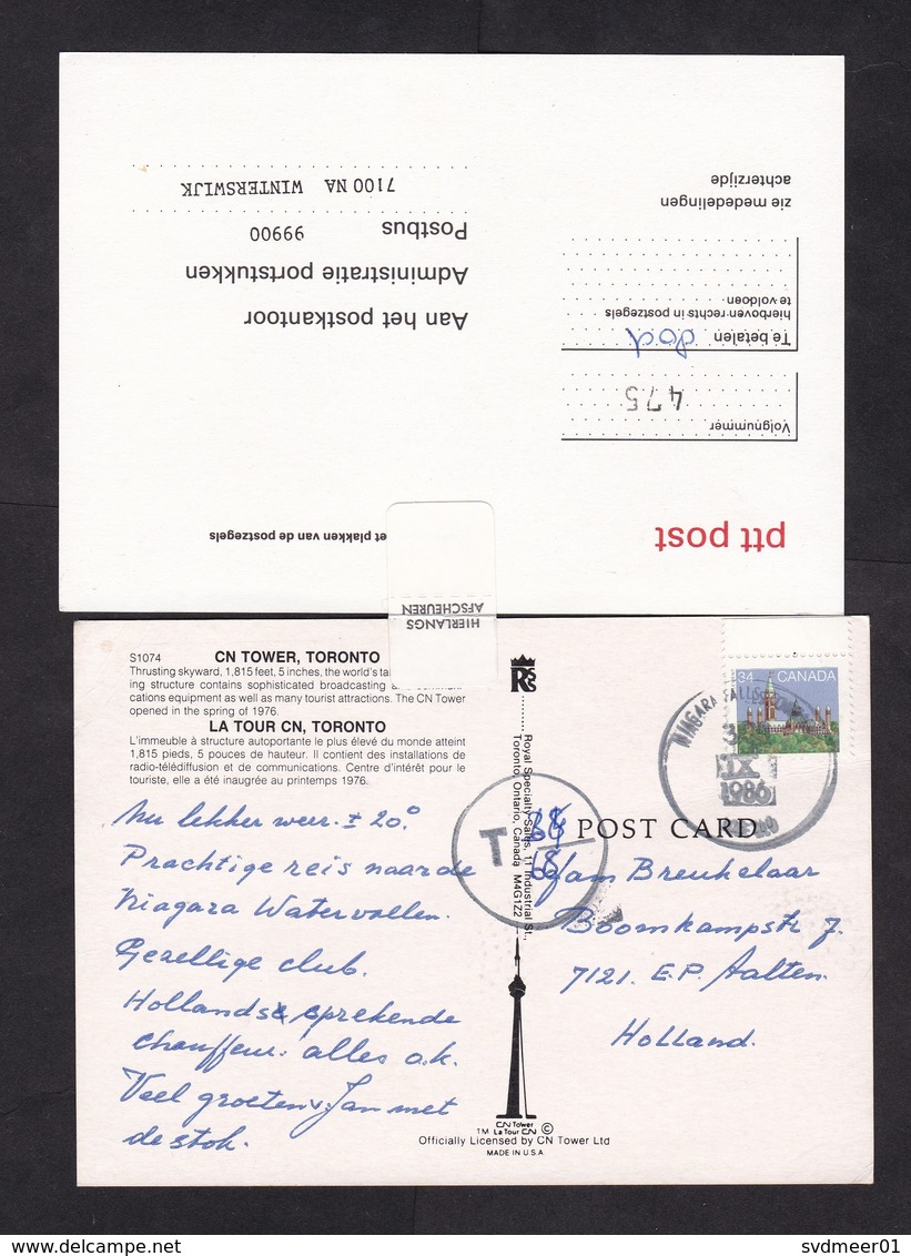 Canada: Picture Postcard To Netherlands, 1986, 1 Stamp, Taxed, Dutch Postage Due To Pay Card Attached (traces Of Use) - Brieven En Documenten