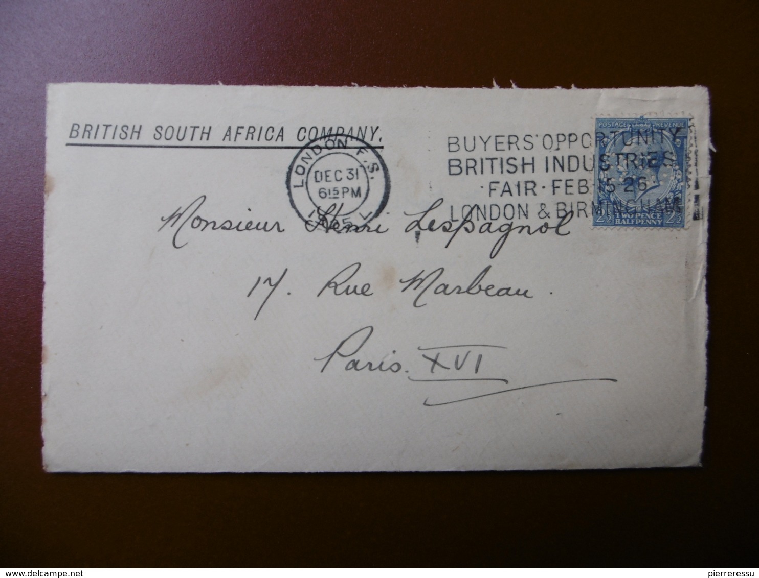 PERFIN BRITISH SOUTH AFRICA COMPANY LETTRE TIMBRE PERFORE 1926 - Non Classés