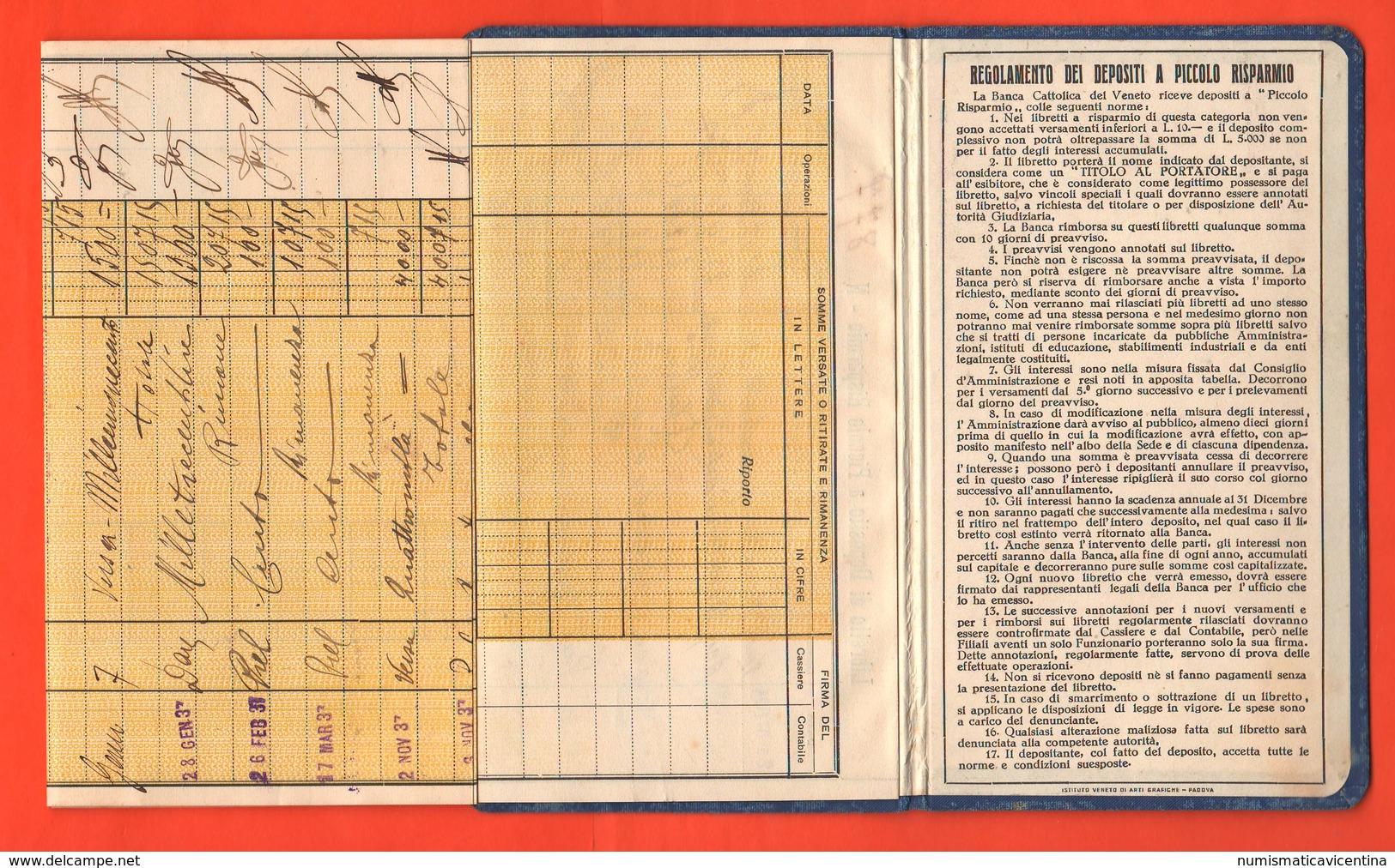 Libretto Risparmio Banca Cattolica Veneto Agenzia  Camisano Vicentino 1934 - Altri & Non Classificati