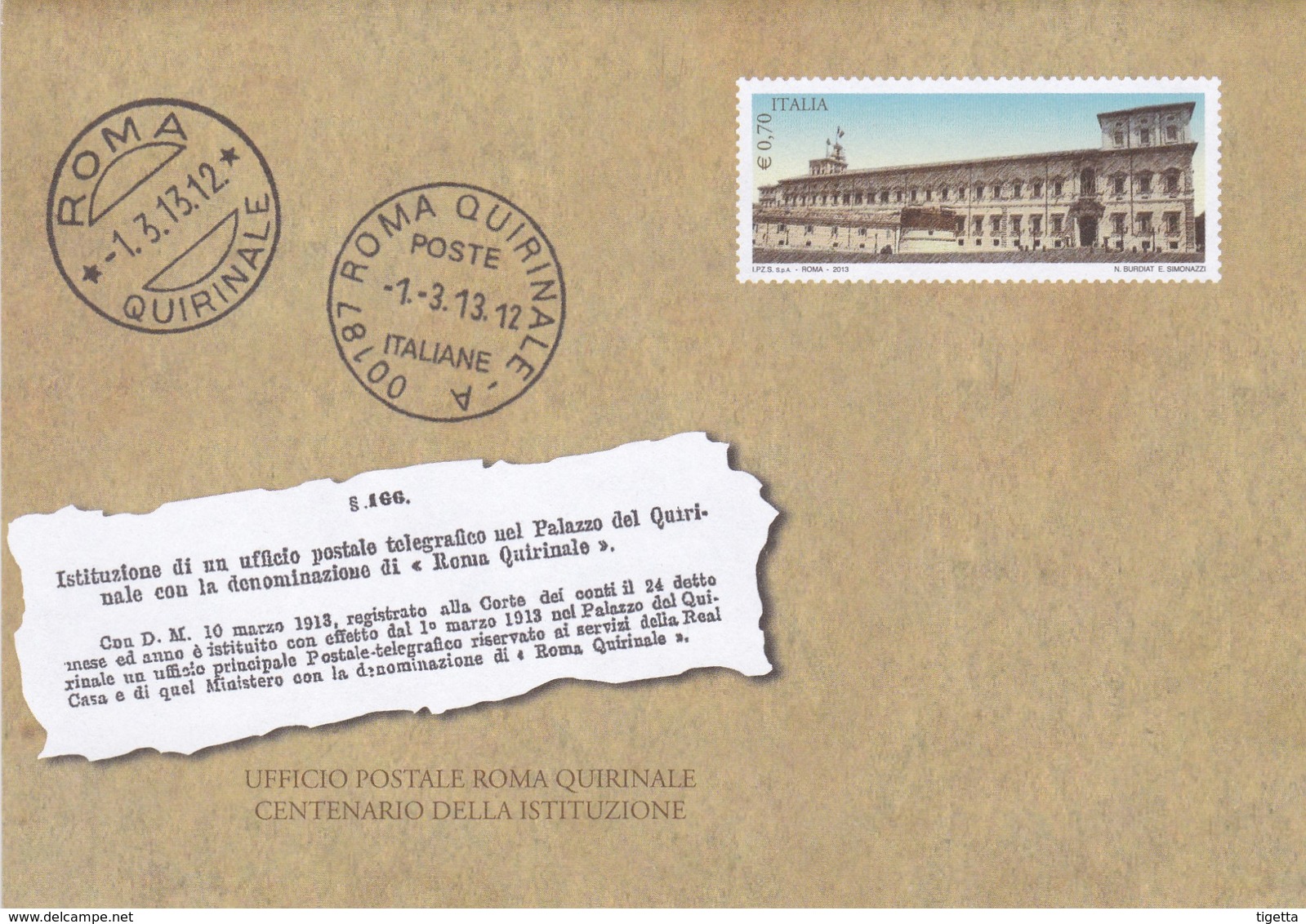 POSTE ITALIANE BUSTA UFFICIO POSTALE ROMA QUIRINALE CENTENARIO DELLA ISTITUZIONE 2013 - Ganzsachen