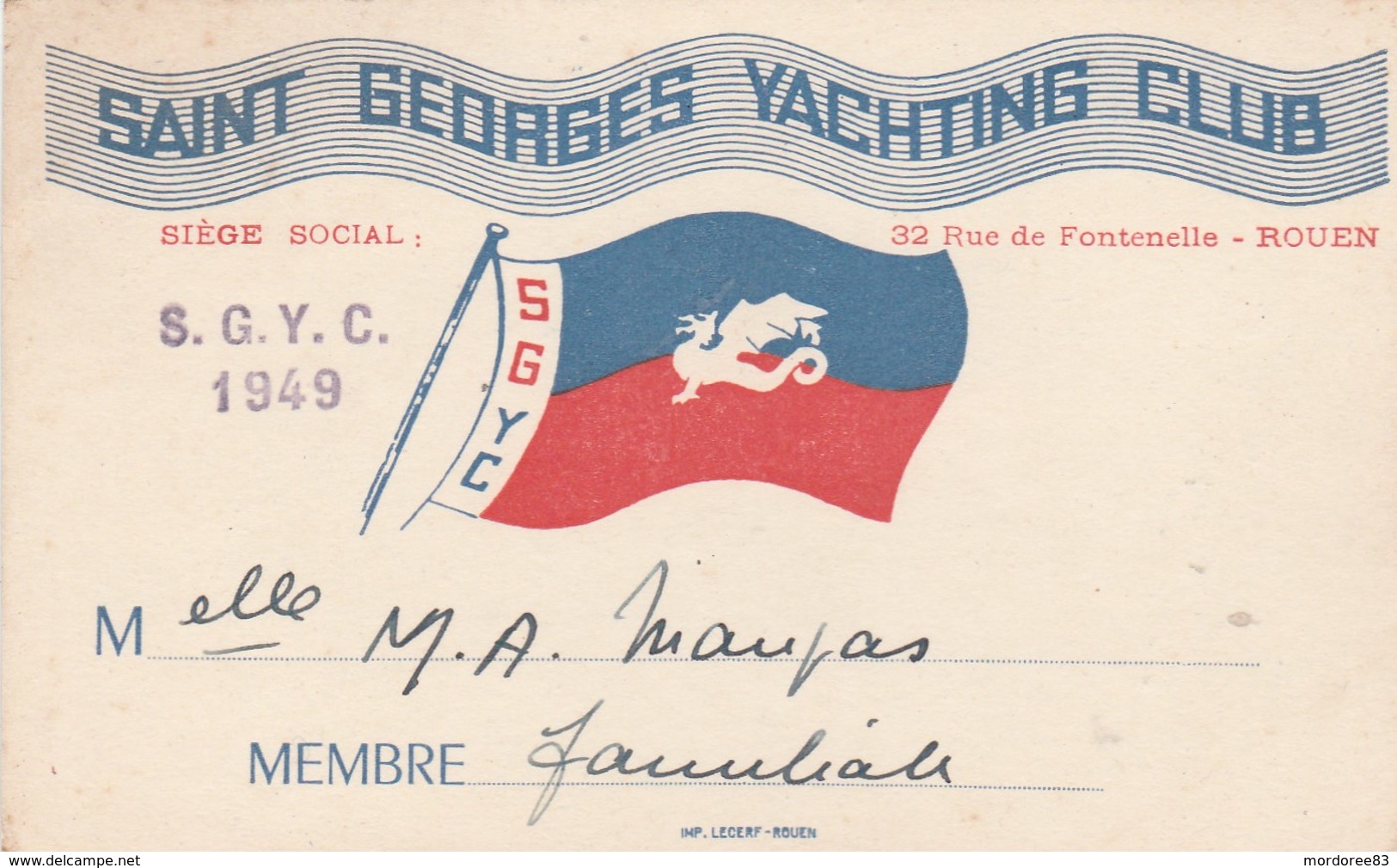 Saint Georges Yachting Club Rouen Carte De Membre 1949 - Autres & Non Classés