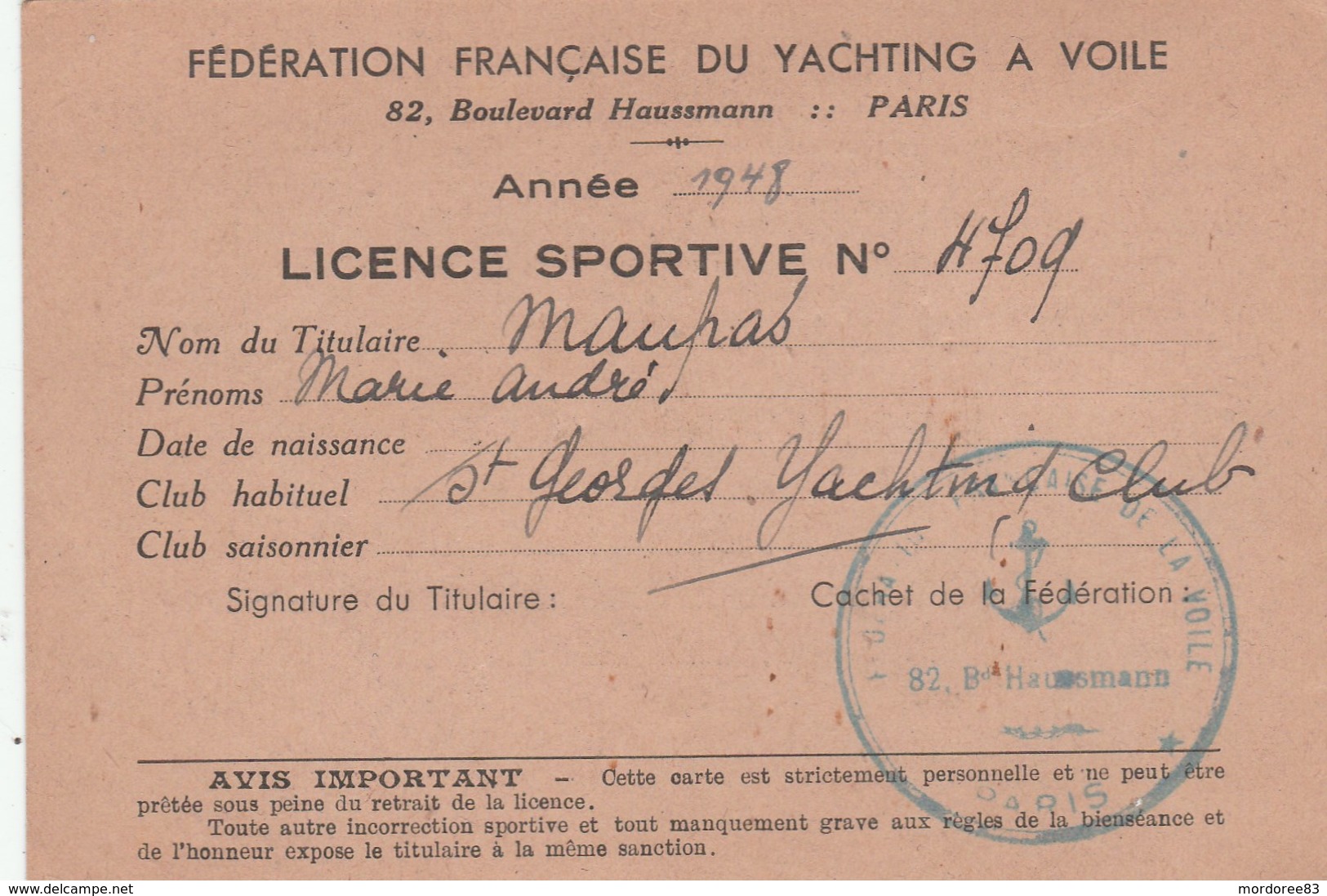 LICENCE SPORTIVE FEDERATION FR DU YACHTING A VOILE PARIS 1948 - Autres & Non Classés