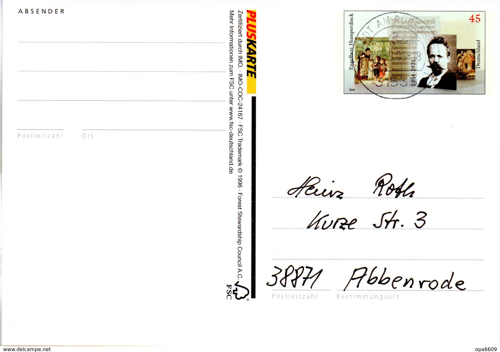 BRD Amtliche GZS-Sonderpostkarte PSo 89 "PLUSKARTE " WSt "Engelbert Humperdinck" TSt 26.9.2005 NEUSTADT AM RÜBENBERGE - Postkarten - Gebraucht