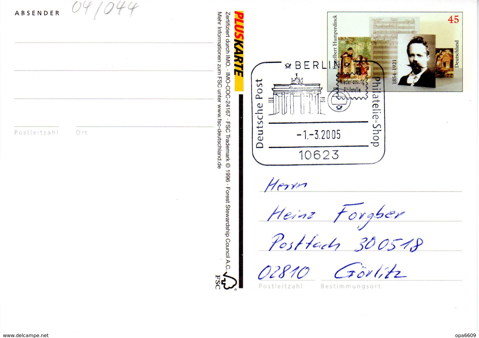 BRD Amtliche Ganzsachen-Postk. PSo 89 PLUSKARTE WSt.45(C) "Egelbert Humperdinck" SSt 1.3.2005 BERLIN - Postkarten - Gebraucht