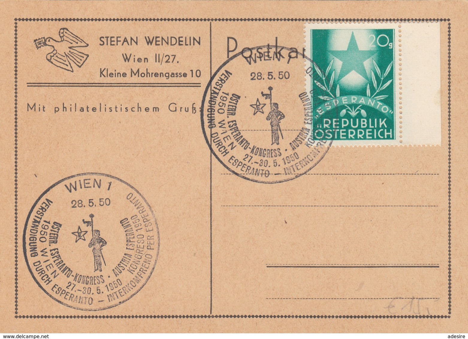 ÖSTERREICH - ESPERANTO - Sondermarke Mit Randstück Und Sonderstempel Auf Postkarte 1950 - Briefe U. Dokumente