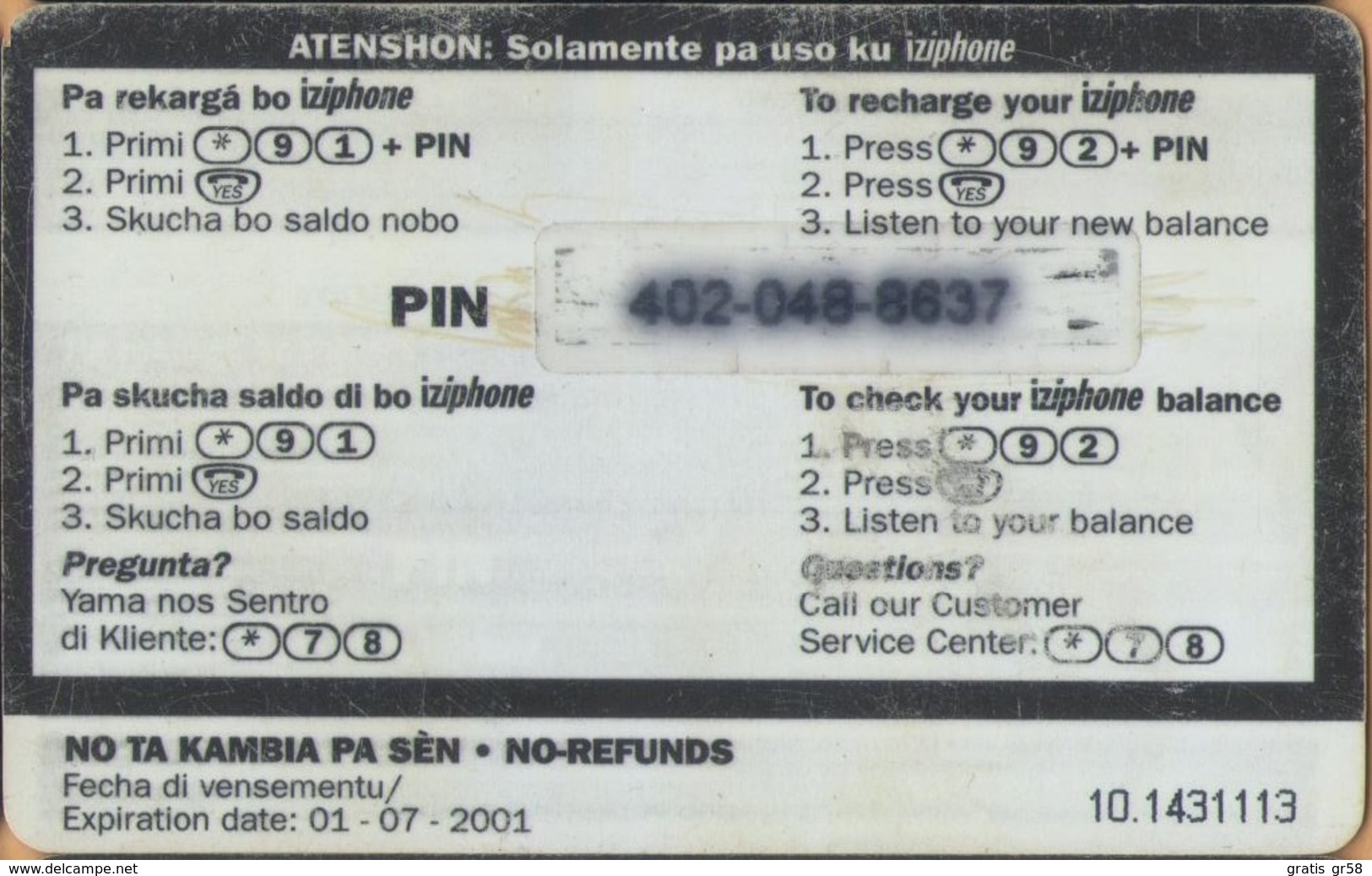 Antilles (Neth) - AN-BON-TBC-0001, Computer & Fishing,  GSM Refill, 10 NAƒ, Exp.Day 1/7/2001, Used - Antille (Olandesi)