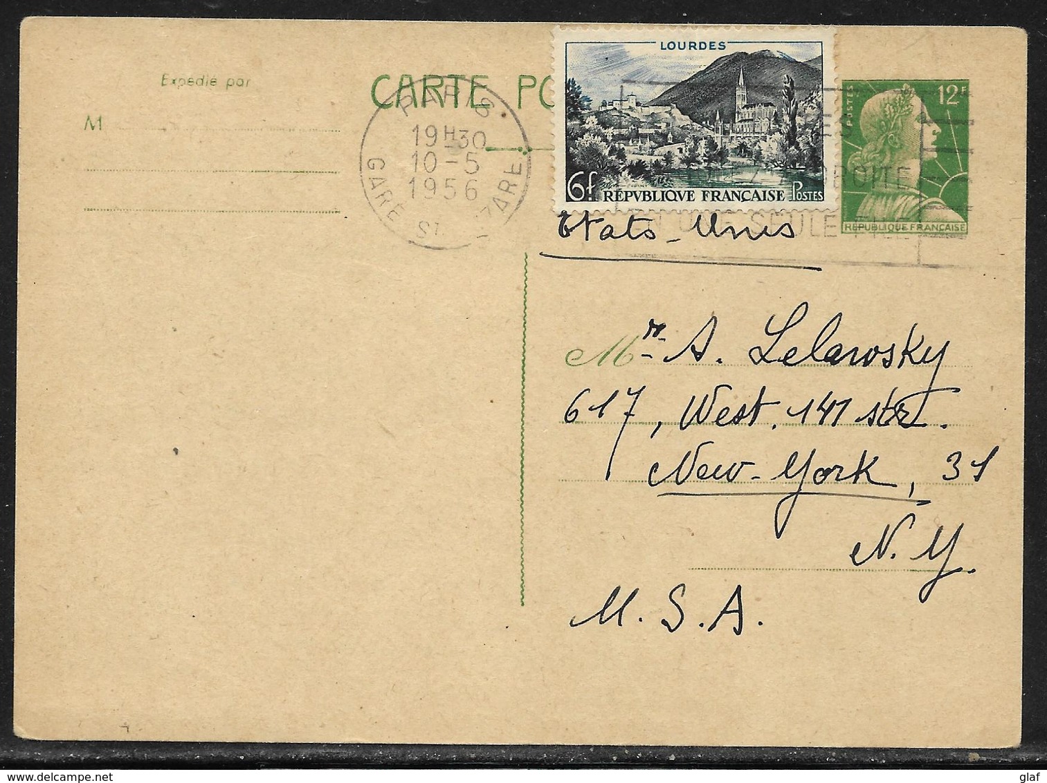 Entier Postal Carte Postale 12 F Marianne De Muller Avec Affr. Complémentaire 6 F Lourdes Pour Les USA - Secap Paris - 1955-1961 Marianne De Muller