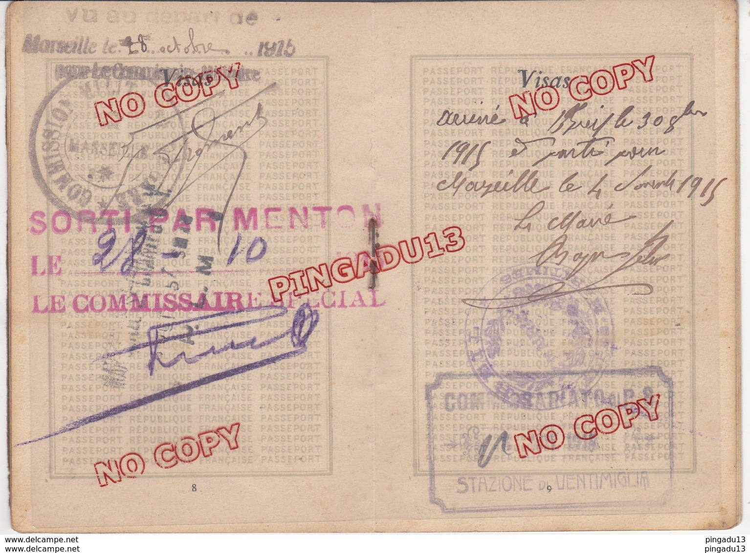 Fixe Passeport Passport France Marseille 1915 Ventimiglia Timbre Fiscal Tampon Sec Visas 1 ère Guerre Mondiale - Altri & Non Classificati