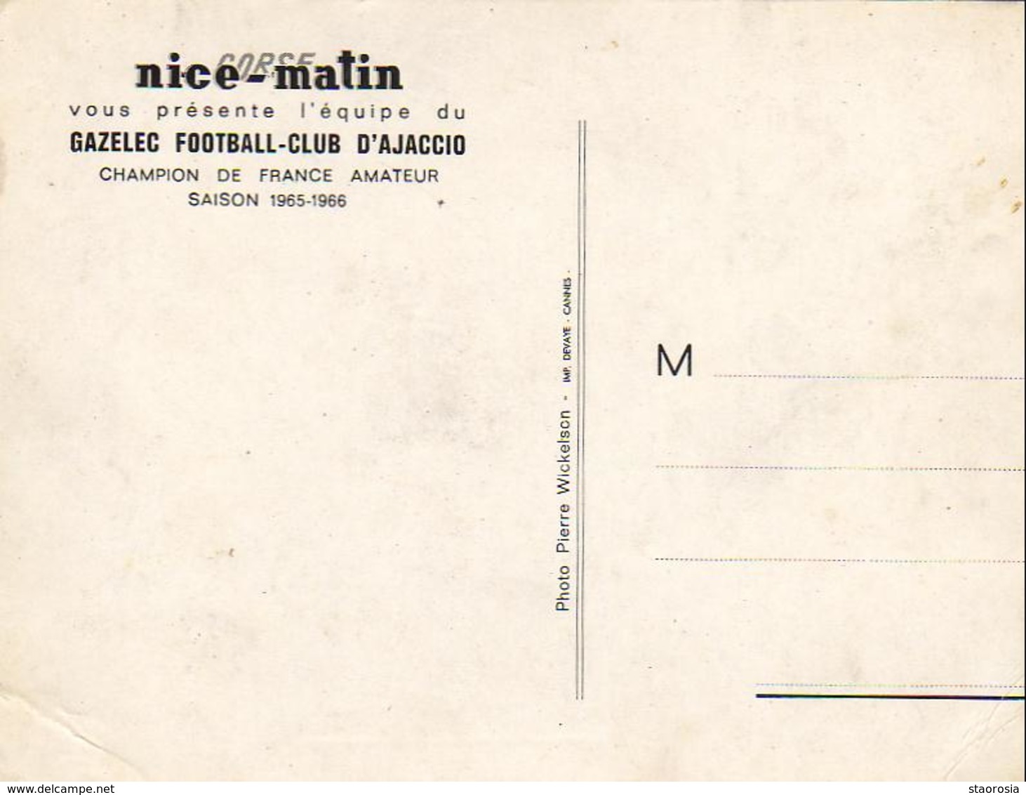 ÉQUIPE DE FOOTBALL DU GAZELEC D'AJACCIO SAISON 196561966 Présentée Par Nice Matin - Football