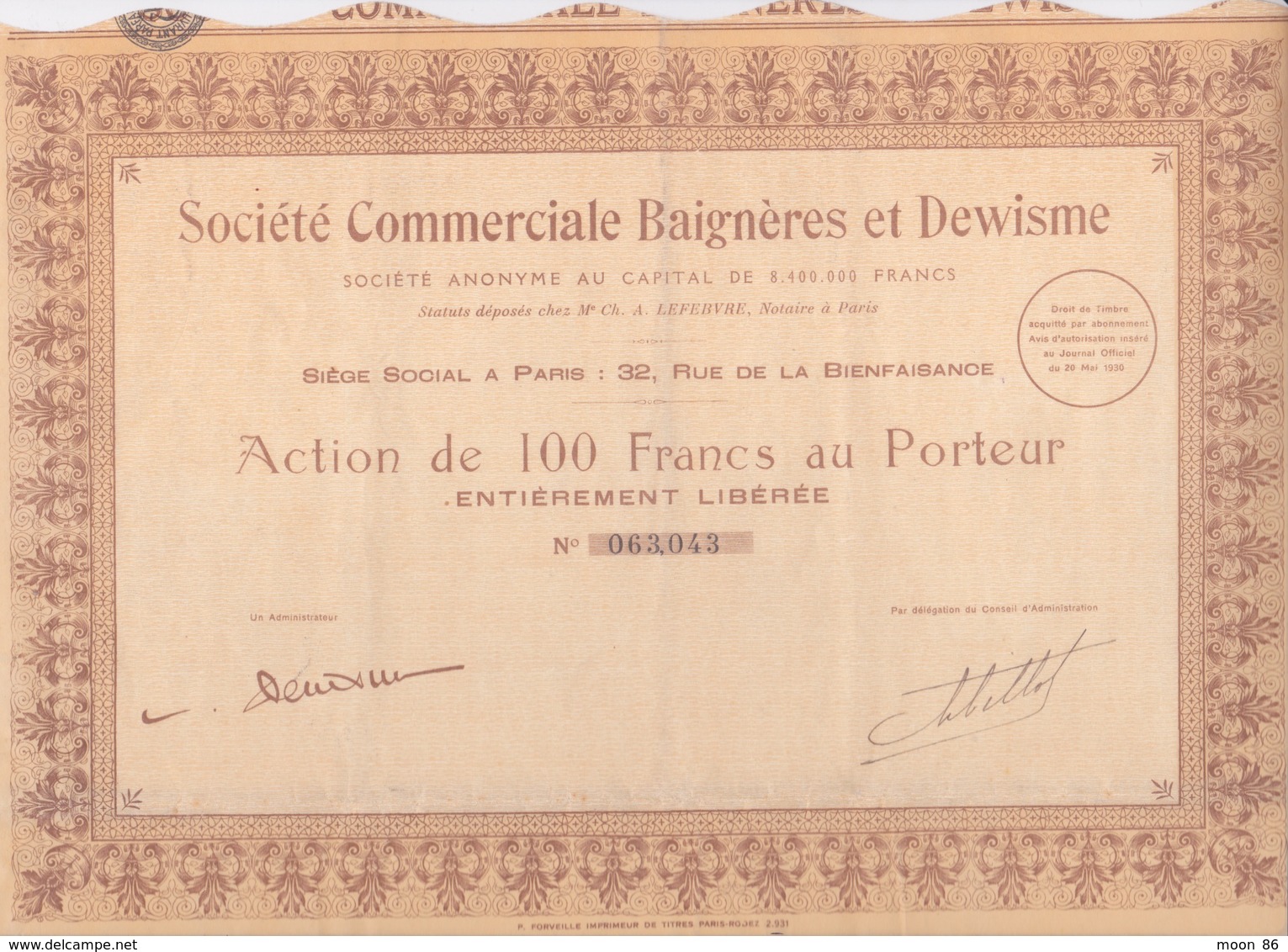 ACTIONS & TITRES - SOCIETE COMMERCIALE BAIGNERES ET DEWISME ACTION DE 100 FRANCS AU PORTEUR - Industrie