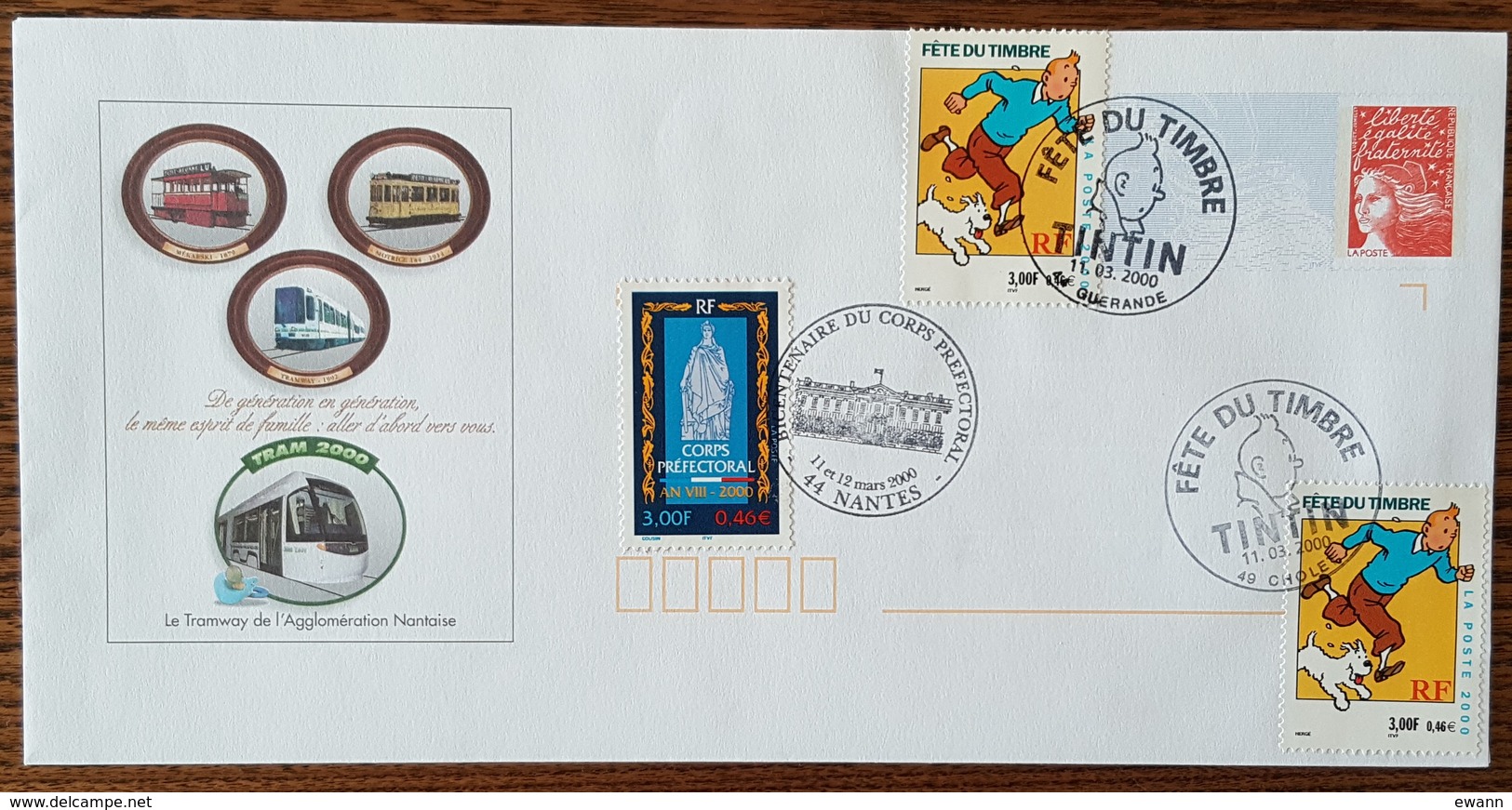 FDC 2000 - YT N°3300, 3303 - CORPS PREFECTORAL / TINTIN / FETE DU TIMBRE - NANTES / GUERANDE / CHOLET - 2000-2009