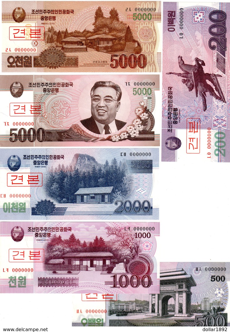 LOT SET SERIE 6 BILLETS COREE  / KOREA 5000 2000 1000 500 200 ( 2008 - 2013 ) WON SPECIMEN UNC NEUF - Corée Du Nord