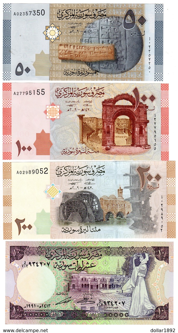 LOT SET SERIE 4 BILLETS SYRIE SYRIA 50 - 100 - 200 ( 2009 ) - 10 ( 1991 ) LIRA UNC NEUF - Siria