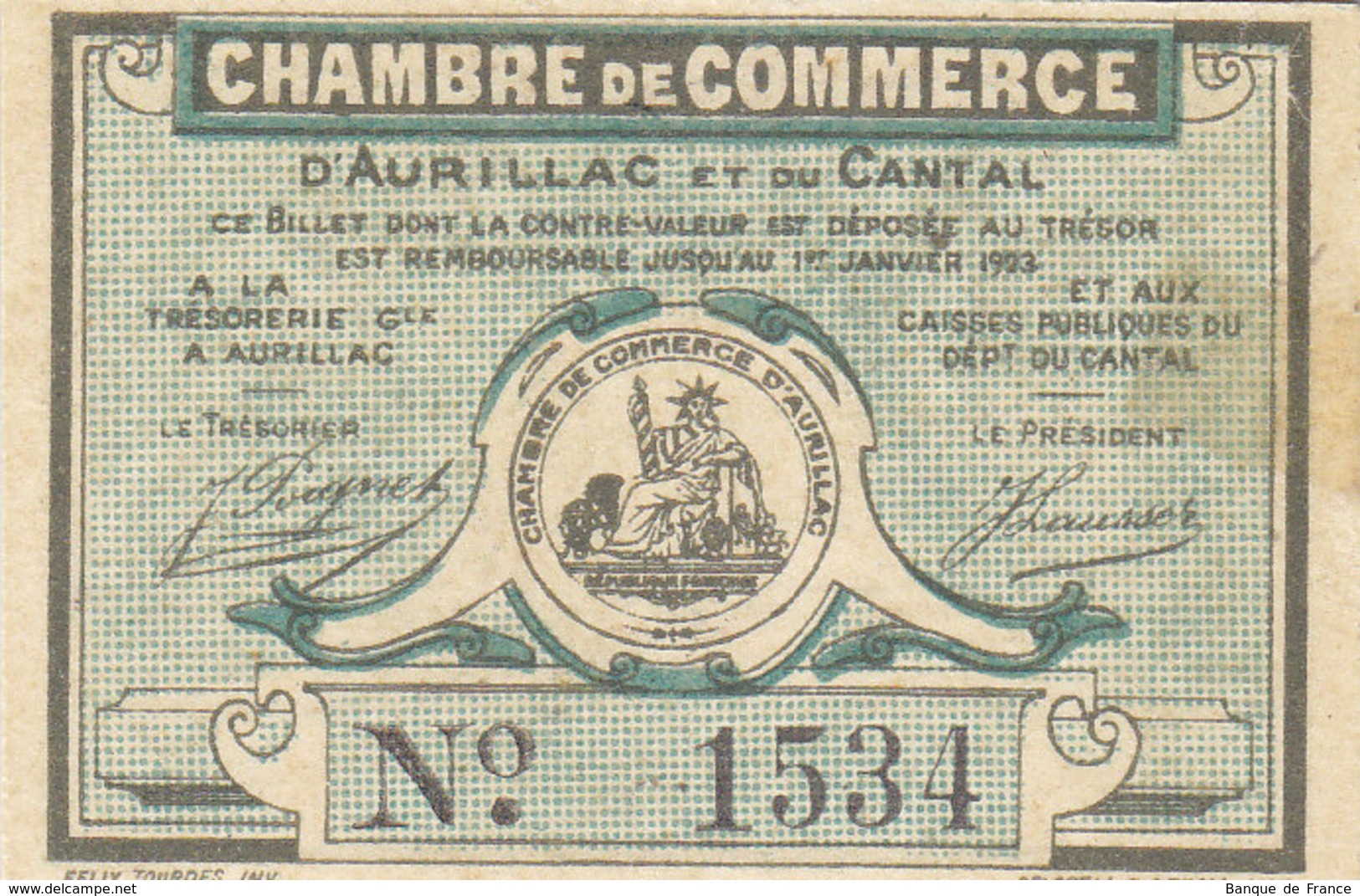 Aurillac Et Du Cantal Billet Carton 25 C 1917 Série J P/NEUF RARE - Chambre De Commerce