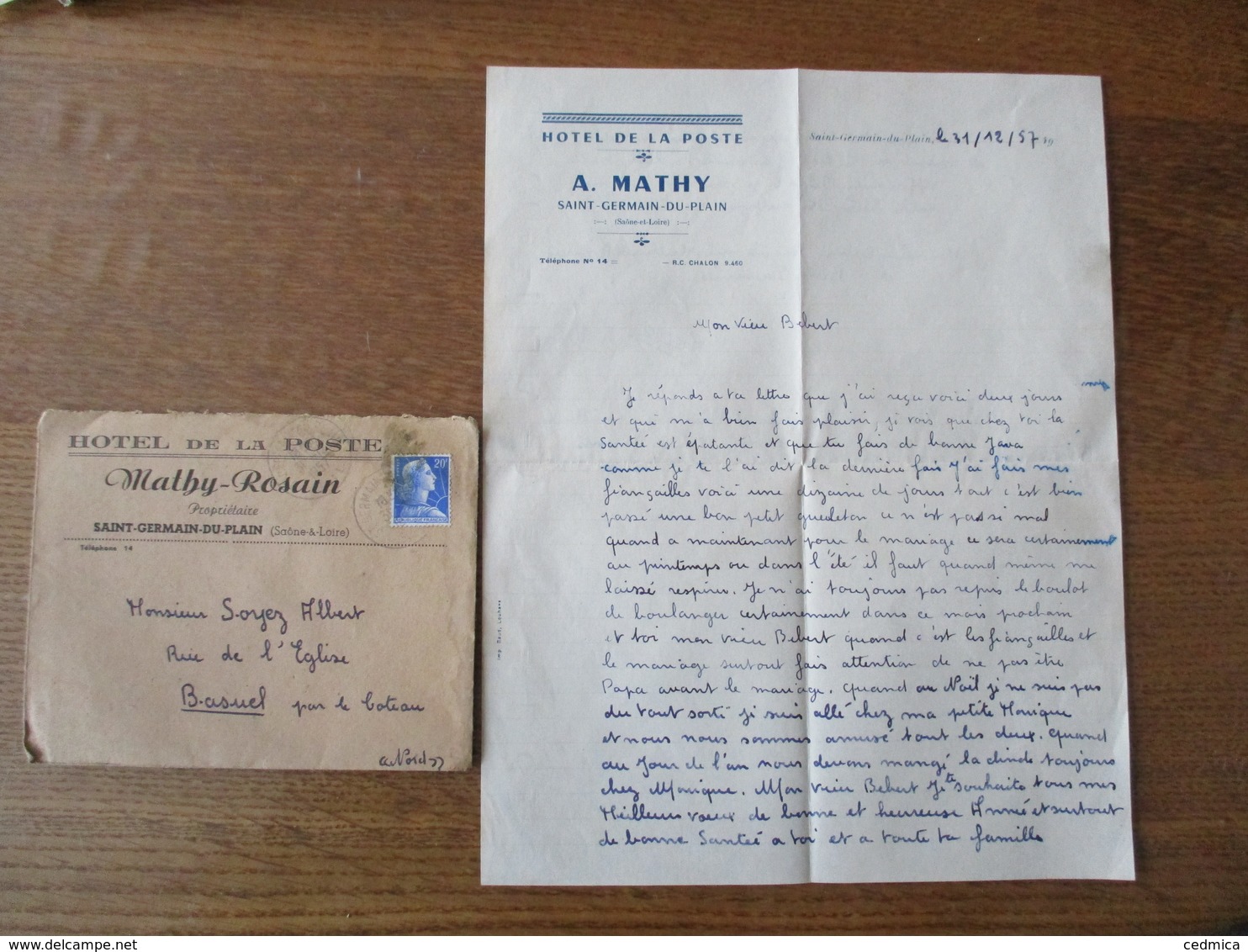 SAINT-GERMAIN-DU-PLAIN HOTEL DE LA POSTE MATHY-ROSAIN PROPRIETAIRE COURRIER ET ENVELOPPE DU 31/12/57 - 1950 - ...