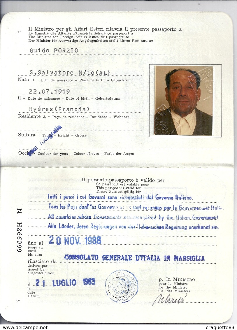 REPUBLICA ITALIANA   PASSAPORTO  1983 -CONSOLATO GENERALE D'ITALIA IN MARSIGLIA Résident à HYERES VAR - Altri & Non Classificati