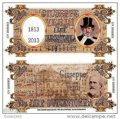 GIUSEPPE VERDI LIRE DUECENTOMILA 1813 - 2013 POLYMER  FANTAISIE NEUF UNC - Andere - Oceanië