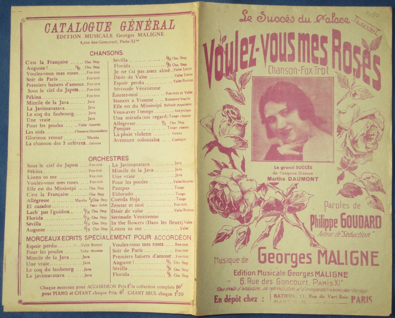 CAF CONC RUE POPULAIRE MARTHE DAUMONT PARTITION VOULEZ VOUS MES ROSES +2 TITRES PÉKINA LISTEN TO ME ÉCOUTEZ-MOI - Autres & Non Classés