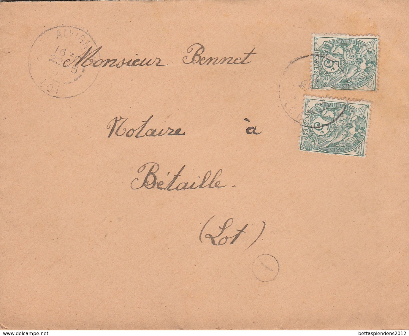 LSC 1907 - Cachet ALVIGNAC (Lot) Sur Type Blanc 5c YT 111 Au Dos Cachet Au Dos Cachet BETAILLE - 1877-1920: Période Semi Moderne