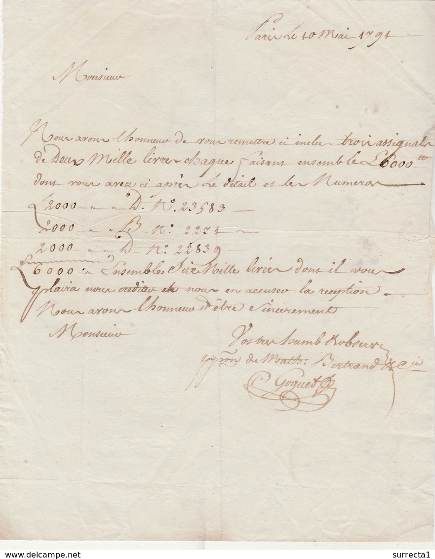 Dépôt De 3 Assignats Pour 6 000 Livres / 1791 / Mathieu BERTRAND Négociant Dentelles Le Puy 43 / Dépôt à Paris ? - Documents Historiques