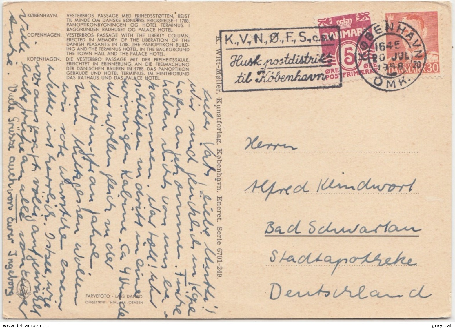 KOBENHAVN, COPENHAGEN, Vesterbros Passage, Liberty Column, 1958 Used Postcard [22190] - Denmark