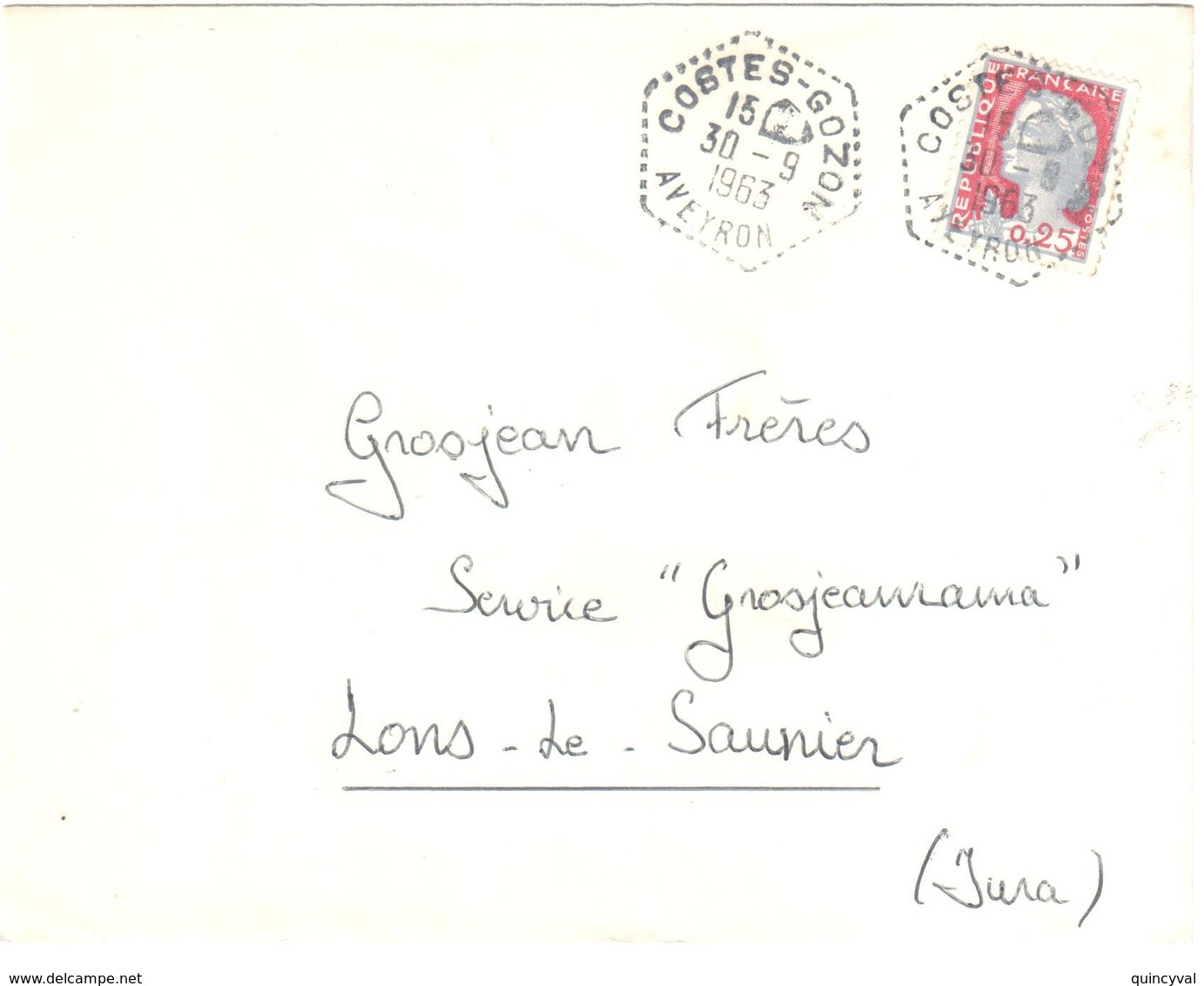 COSTES-GOZON Aveyron Lettre 25 C Marianne Decaris Yv 1263 Ob 30 9 1963 Ob Hexagone Pointillé Agence Postale Lautier F7 - Storia Postale
