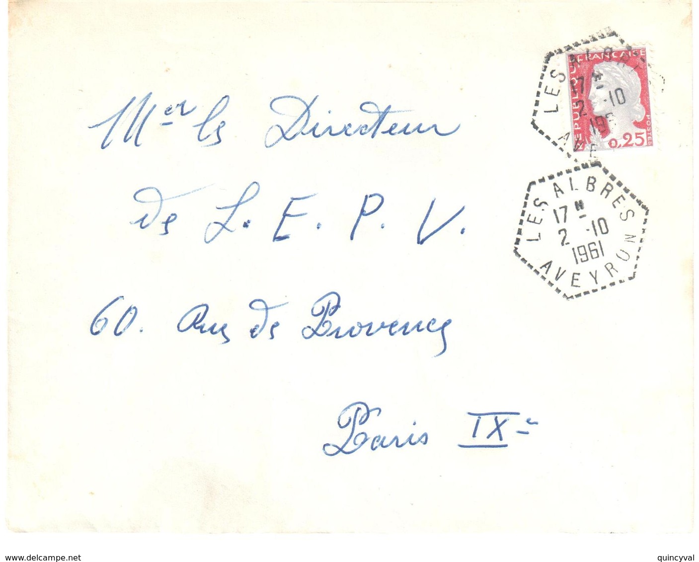 LES ALBRES Aveyron Lettre 25 C Marianne Decaris Yv 1263 Ob 2 10 1961 Ob Hexagone Pointillé Agence Postale Lautier F7 - Briefe U. Dokumente