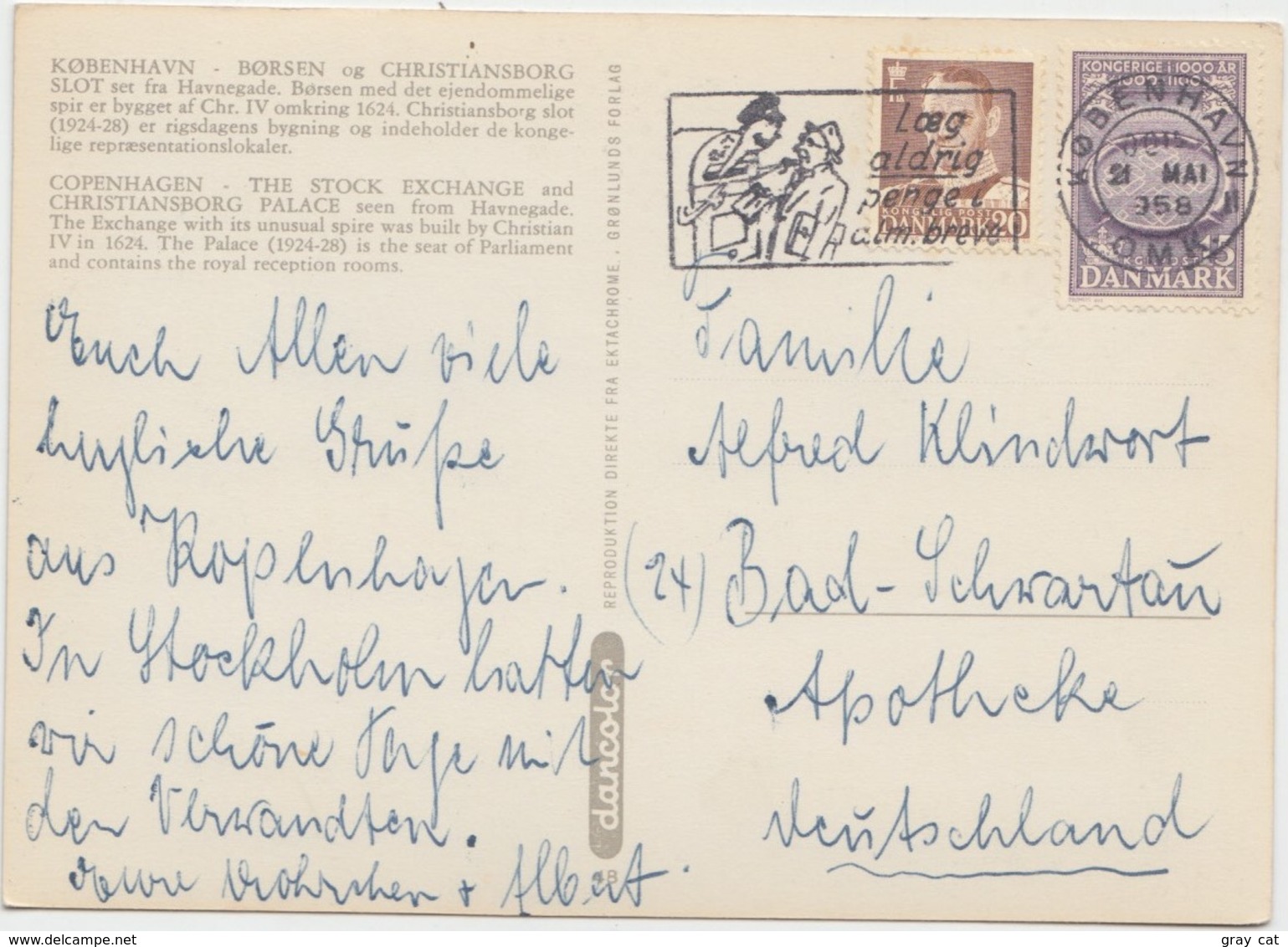 KOBENHAVN, COPENHAGEN, BORSEN Og CHRISTIANSBORG SLOT, The Stock Exchange, 1958 Used Postcard [22197] - Denmark
