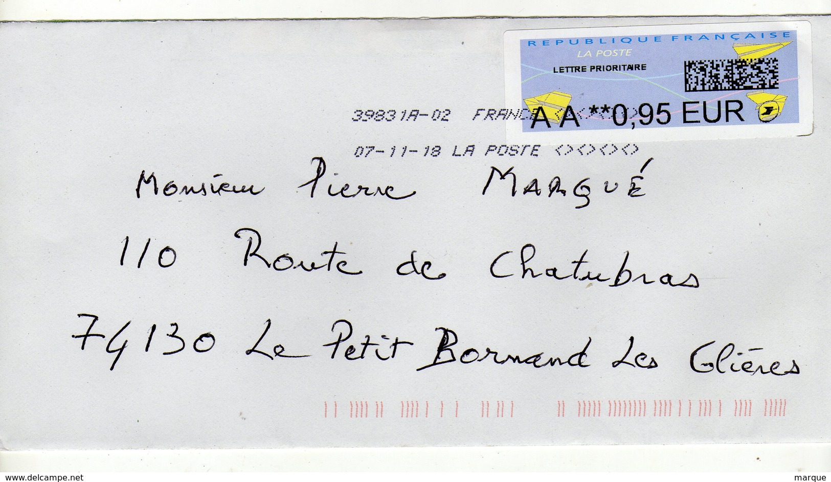 Enveloppe FRANCE Avec Vignette D' Affranchissement LETTRE PRIORITAIRE Oblitération LA POSTE 39831A-02 07/11/2018 - 2000 Type « Avions En Papier »