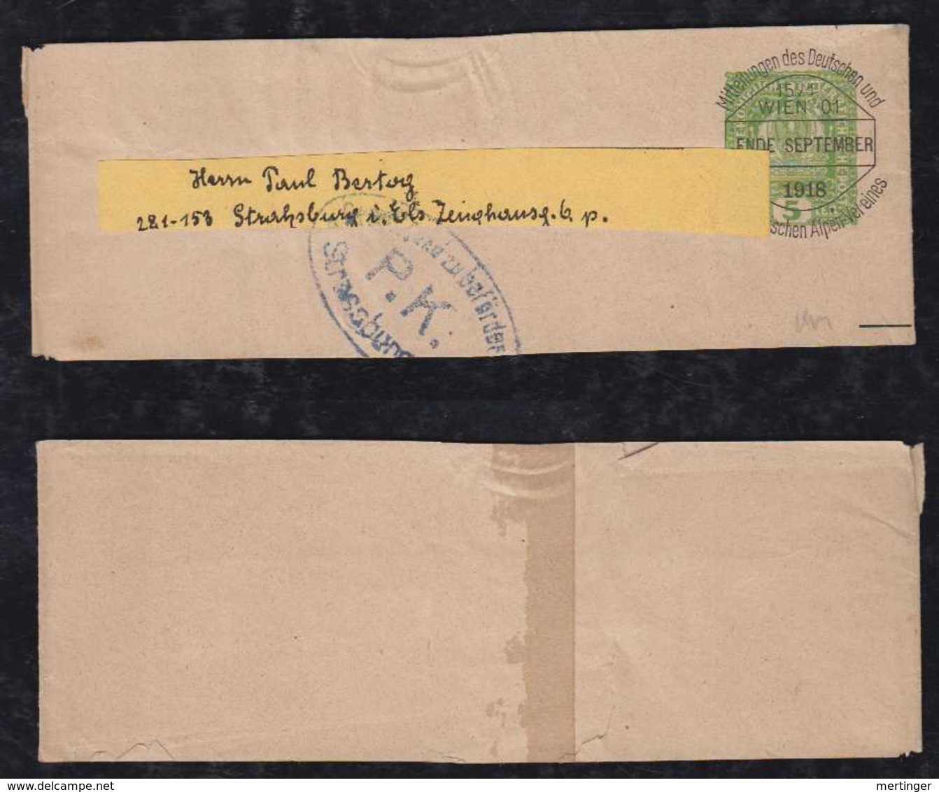 Österreich Austria 1918 Censor Wrapper Aplenverein To Stassburg - Brieven En Documenten