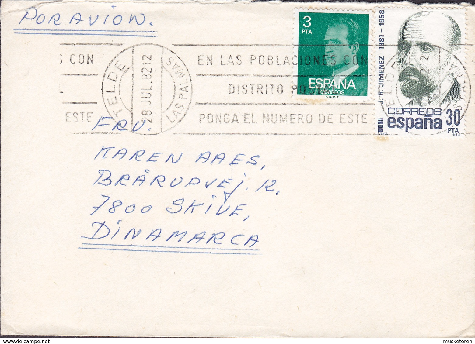 Spain Por Avion TELDE Las Palmas Gran Canaria 1982 Cover Letra SKIVE Denmark J. R. Jimienez Stamp - Briefe U. Dokumente