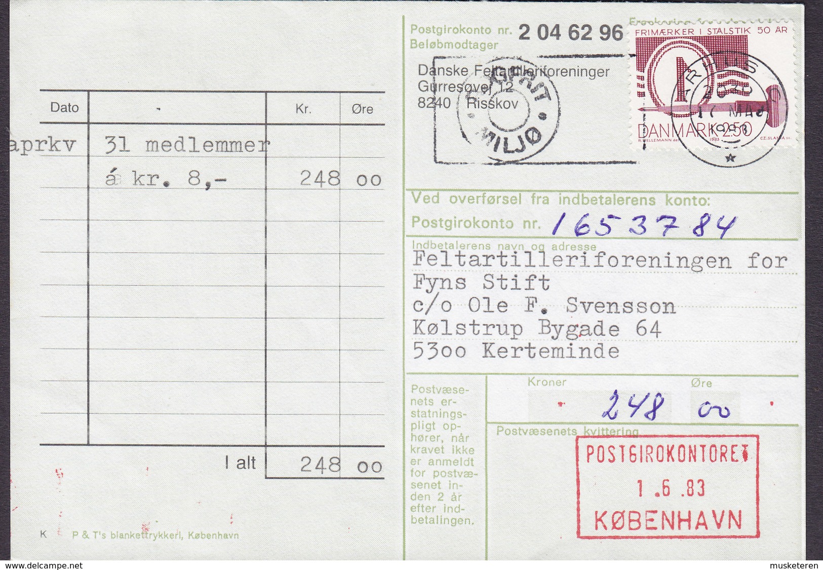 Denmark DANSKE FELTARTILLERI Forening FYN Giro Card Karte 1982 To KERTEMINDE Stålstik 50 Years Issue (Cz. Slania) - Briefe U. Dokumente