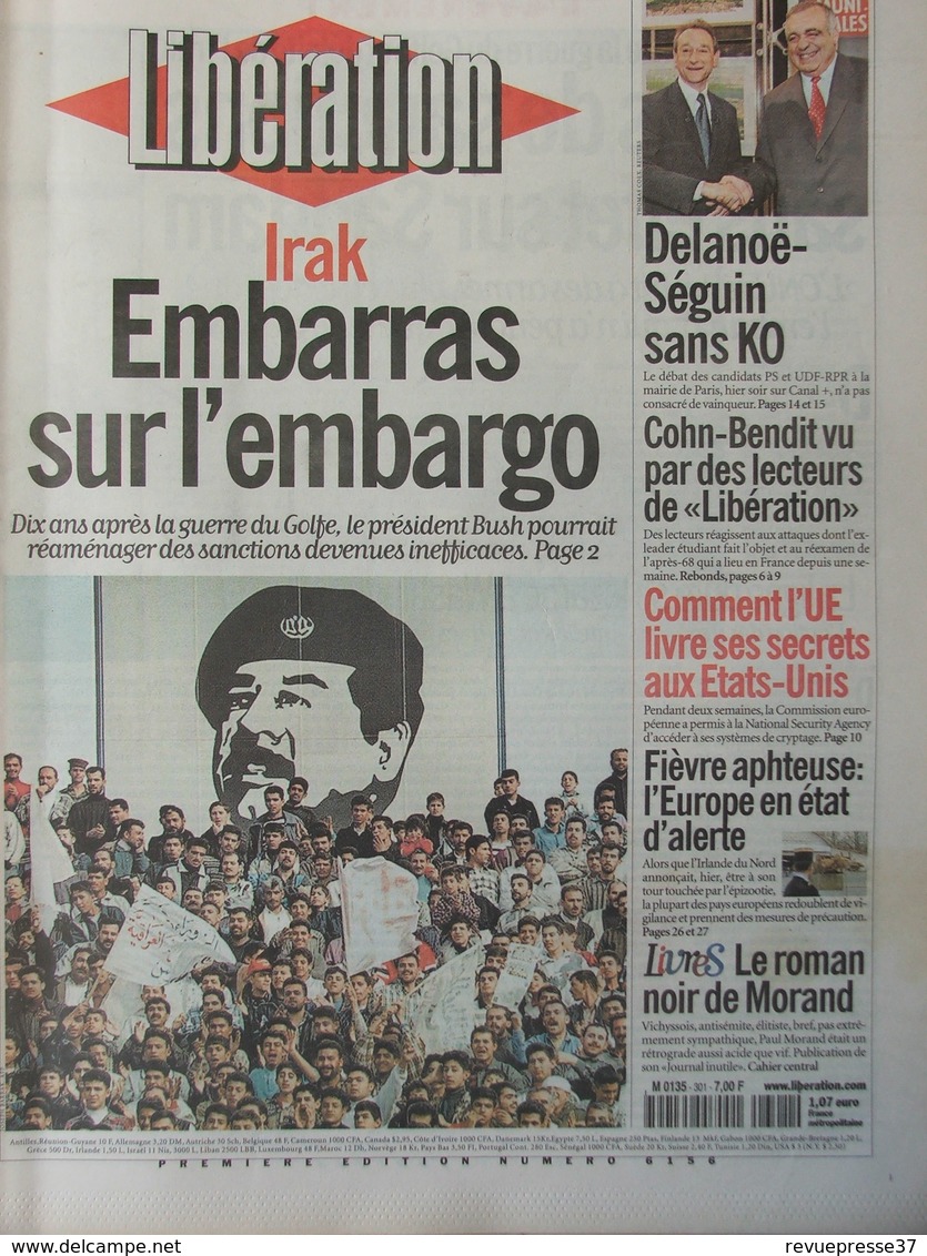 Journal - Libération 1er Mars 2001 - Embargo Irak - Paul Morand - Cohn-Bendit - Fièvre Aphteuse - 1950 à Nos Jours