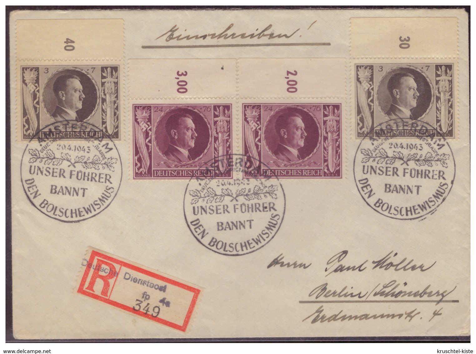 Dt- Reich (005315) WKII Einschreiben  Deutsche Dienstpost Niederlande Mit Sonderstempel Amsterdam 20.4.1943 - Besetzungen 1938-45