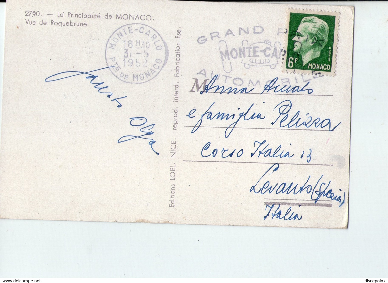 U3556 NICE TIMBRE GRAN PRIX MONTE CARLO (FORMULA UNO) Postcard 1952 MONACO, Vue De Raquebrune _ Ed LOEL - Monte-Carlo