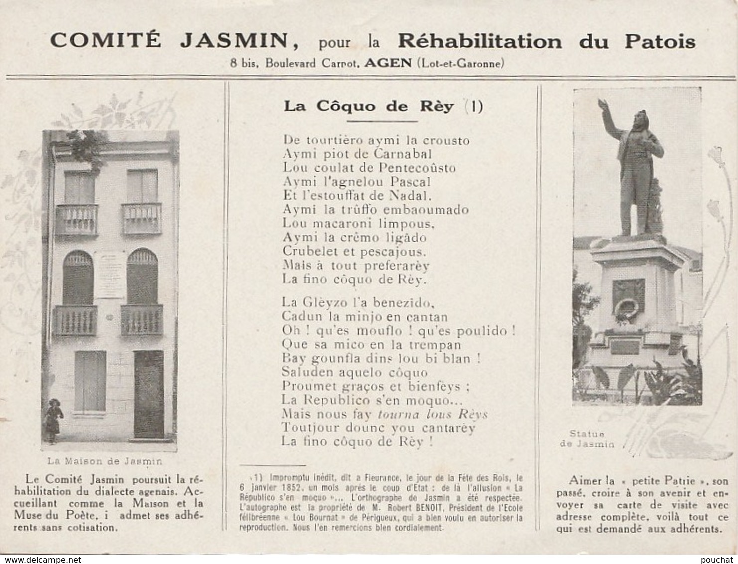 V29-47) AGEN - COMITE JASMIN POUR LA REHABILITATION DU PATOIS -MAISON NATALE - STATUE - LA COQUO DE REY - 2 SCANS - Agen