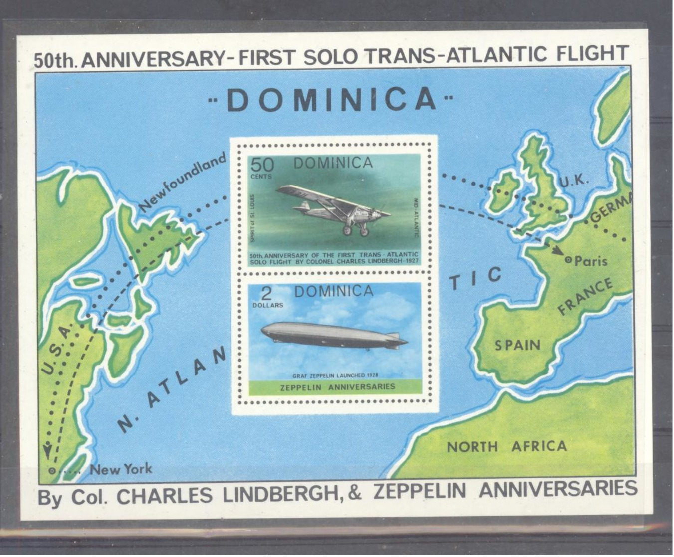 Dominica  Michel #  Block 48 **  50th. Anniversary First Solo Trans-Atlantic Flight  Charles Lindbergh - Aerei