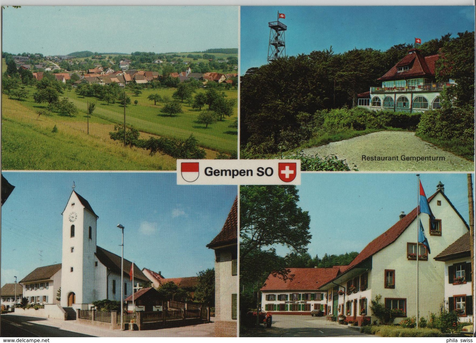 Gempen - Kirche, Gesamtansicht, Restaurant Gempenturm, Gasthaus Zum Kreuz - Gempen