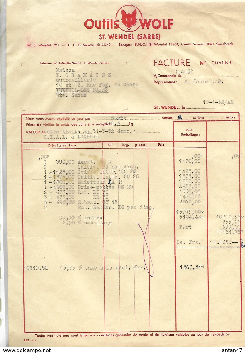 Facture + Traite 1952 / Allemagne SARRE / SAINT WENDEL / Outils WOLF - 1950 - ...