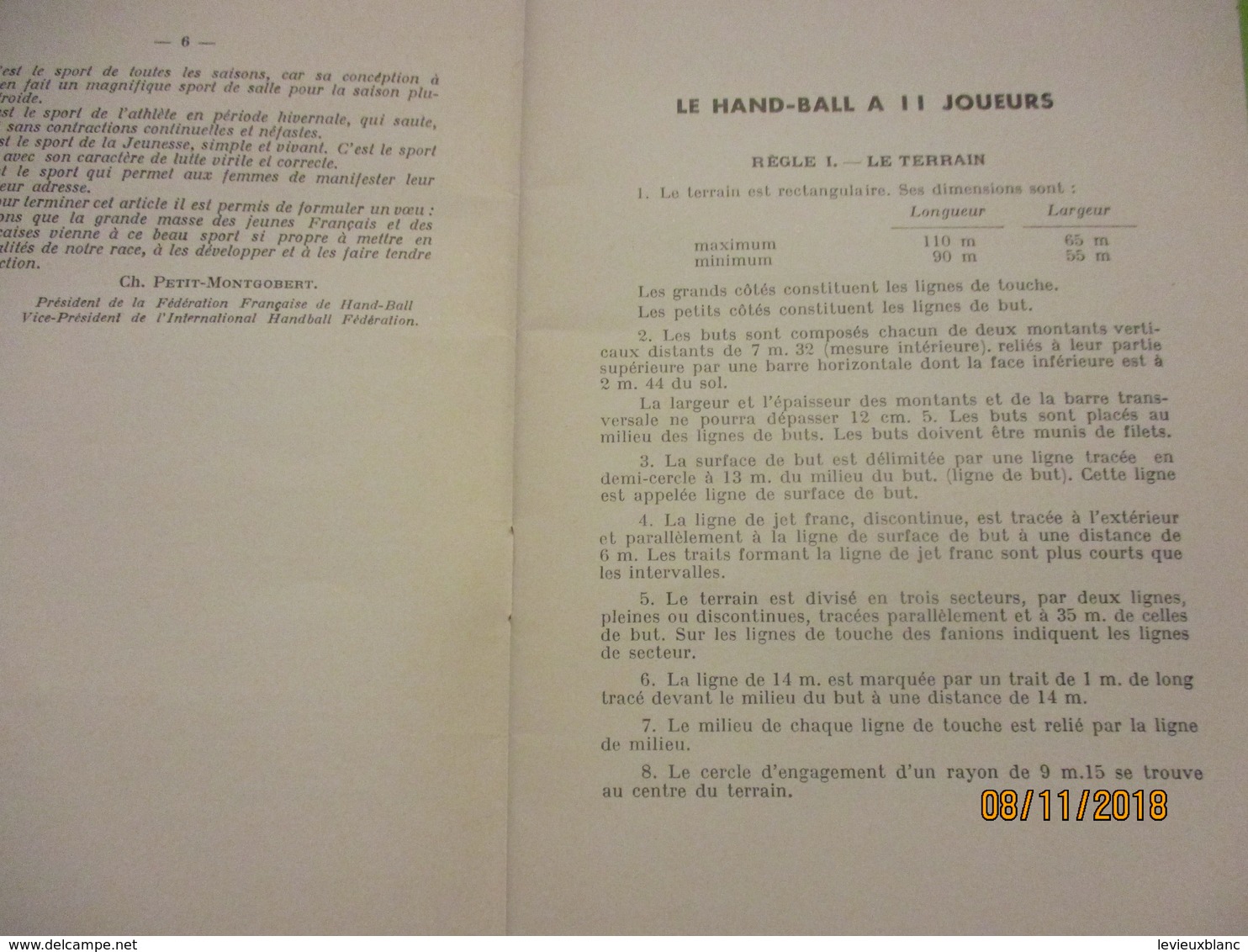 Les Règles Du HAND-BALL à 11 Et à 7 Joueurs/Edition Autorisée Par La Fédération Française De Hand-Ball/1961       SPO340 - Handbal
