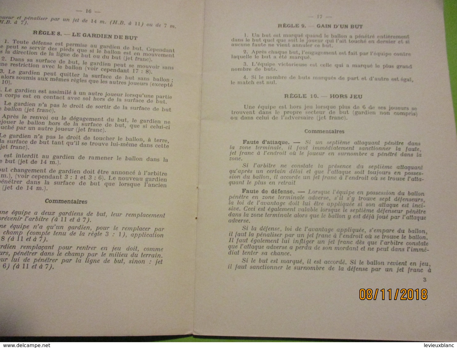 Les Règles Du HAND-BALL à 11 Et à 7 Joueurs/Edition Autorisée Par La Fédération Française De Hand-Ball/1961       SPO340 - Handball