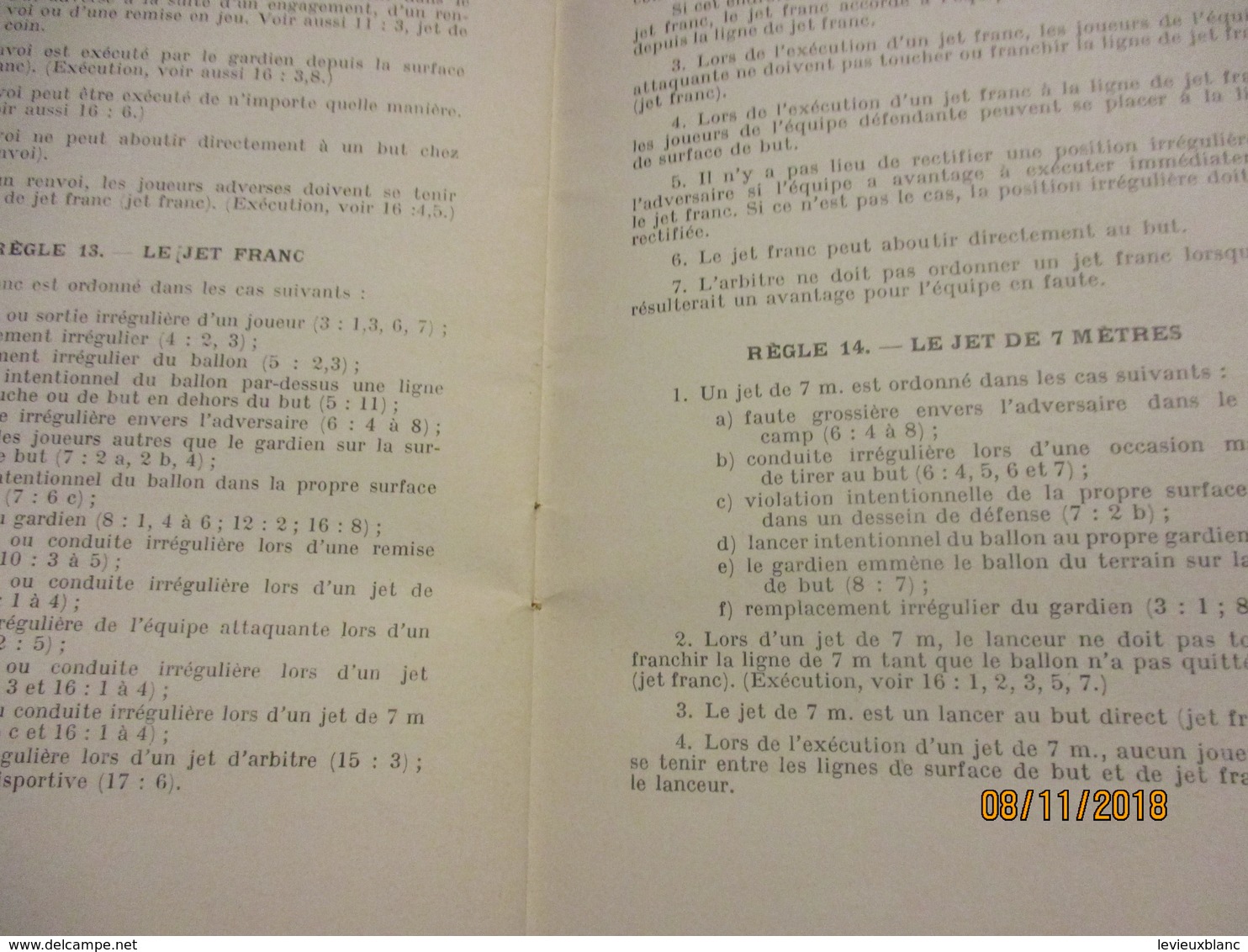 Les Règles du HAND-BALL à 11 et à 7 Joueurs/Edition autorisée par la Fédération Française de Hand-Ball/1961       SPO340