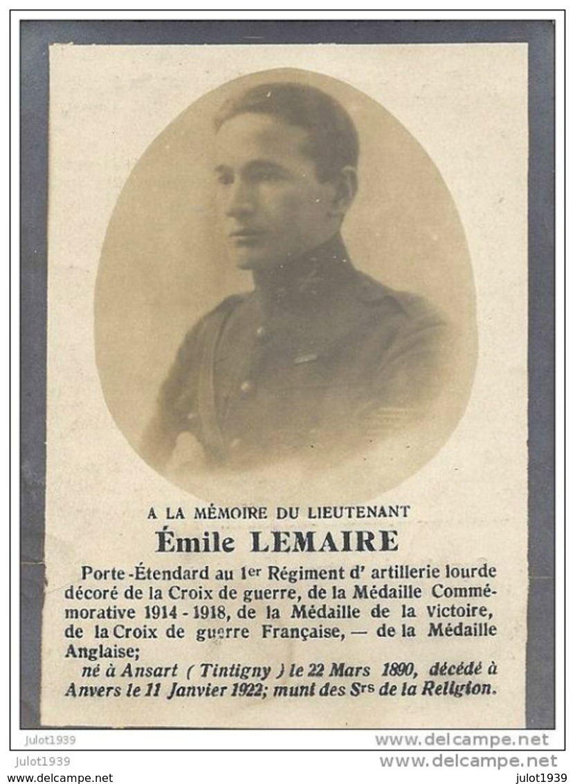 ANSART ..-- Lieutenant Emile LEMAIRE , 1er Régiment Artillerie Lourde , Né En 1890 , Décédé En 1922 à ANVERS . - Tintigny